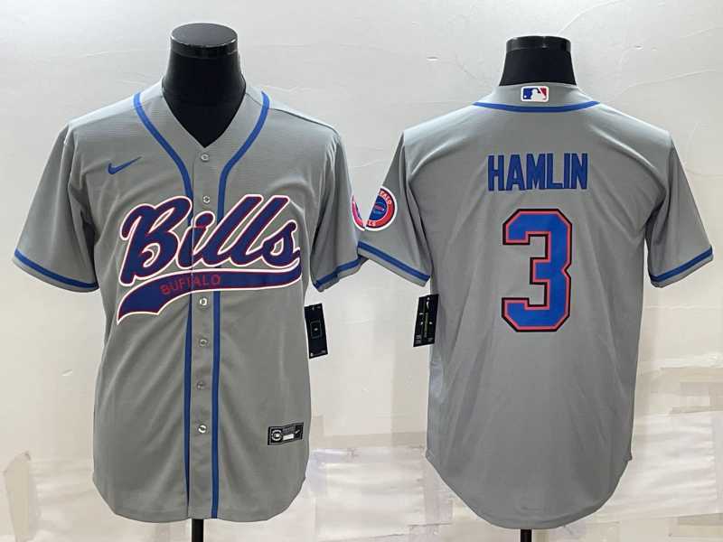 Men%27s Buffalo Bills #3 Damar Hamlin Grey With Patch Cool Base Stitched Baseball Jersey